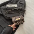 Leopard print quilted mini crossbody bag with chain strap and chic twist lock closure. - Dark Brown