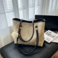Bolso tote grande de hombro para mujer, bolso de lona vintage para trabajo con asas largas. - Con Colgante / Caqui