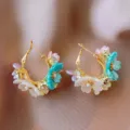 Chic colorful floral hoop earrings with sparkling rhinestones and pearls for women fashion. - French Flower (202#)