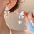 Gradient blue crystal butterfly pearl earrings, elegant drop design with swinging pearl details. - 4# Silver and Blue Butterfly Earrings