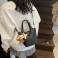 Schwarze Litschi Muster Eimer Tasche Damen Freizeit Umhängetasche minimalistische Handtasche - Ohne Anhänger / Schwarz