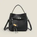 Schwarze Litschi-Muster Leder Eimer Handtasche, Elegante Umhängetasche für Damen - Schwarz
