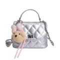 Silver quilted mini handbag with plush bear charm, chic chain crossbody bag for women. - Silver with Charm