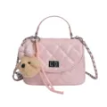 Pink quilted shoulder bag with chain strap, top handle and cute teddy bear charm for women. - Pink With Pendant