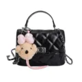 Chic black quilted crossbody bag for women with cute bear pendant and stylish chain strap. - Black With Pendant