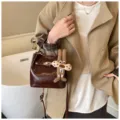 Elegante braune Leder Eimer Tasche mit Metallverschluss und stilvollem Anhänger. - Nur Einzelbeutel / Rotbraun