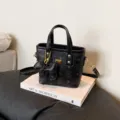 Black retro bucket bag korean style stylish tote handbag with cute pendant and strap. - Single Bag / Black