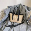 Minimalist beige canvas crossbody bag with black straps, casual small daily shoulder tote. - Khaki