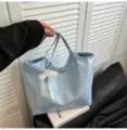 Γαλάζια τσάντα shopper PU λεπτομέρεια με λευκή δαντέλα μαργαριτάρι, casual στυλ. - Με Στολίδι / Μπλε
