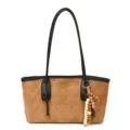 Braune Damen-Shopper-Tasche aus Wildleder, gesteppte Schultertasche mit Holzperlen. - Nur Einzelbeutel / Braun