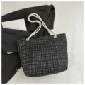 Black and white tweed tote bag variant, stylish casual shoulder bag with rope handles. - Black