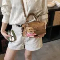 Brown bowler shoulder bag with cute bear pendant, stylish geometric design variant option. - Single Bag + Charm / Brown
