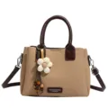 Retro schicke Damen Eimer Umhängetasche, stilvolles Kontrast-Design mit Blumenanhänger. - Khaki