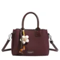 Retro women maroon shoulder crossbody bucket bag with flower charm stylish PU leather handbag - Red