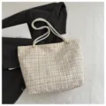 Chic plaid canvas tote bag with woven rope handles, stylish casual shoulder bag for women. - Off White