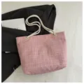 Pink Plaid Tote Bag Casual Woven Handle Shoulder Bag for Women Summer Style - Pink