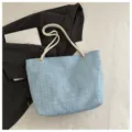 Light blue tweed plaid shoulder bag with rope handles casual tote bag stylish daily bag - Blue