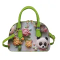 Sac bandoulière vert en dôme avec imprimé panda crocheté et fleurs mignonnes, sac élégant. - Panda