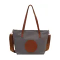 Grey nylon tote bag with brown straps and round patch, trendy women's casual shoulder bag. - Dark Gray Small