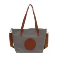 Women grey crossbody tote bag oxford cloth shoulder handbag with brown strap and fashion patch - Light Gray Small