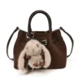 Damen Retro Leo Print Eimer Tasche mit pluesch Hasen Anhaenger Umhaengetasche Handtasche - Nur Einzelbeutel / Kaffee