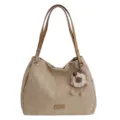 Solid color matte leather tote bag with large capacity, double straps and cute plush pendant. - Apricot Gray