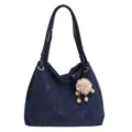Blau einfarbig Damen Shopper Tasche, PU Leder Schultertasche mit niedlichem Plüsch Anhänger. - Nur Einzelbeutel / Blau