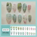 Hand-painted floral almond press-on nails with pearls and cute cat art, 24 pieces set. - 24 Pcs/Set / Mint Green