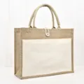 Umweltfreundliche Jute-Tragetasche mit weißer Canvas-Fronttasche und Knopfverschluss. - Knopfverschluss Mit Tasche Stil / 36x32x19cm / Naturfarben