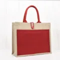Natürliche Jute-Tragetasche mit roter Segeltuchtasche und passenden Griffen - Weinrot Kontrast Knopf Stil / 36x32x19cm / Burgunderrot