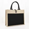 Umweltfreundliche Jute-Einkaufstasche mit schwarzer Canvas-Tasche und Tragegriffen. - Schwarz Kontrast Knopf Stil / 36x32x19cm / Schwarz