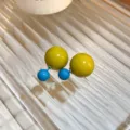 Double ball stud earrings with olive green and vibrant blue spheres chic asymmetric design - Yellow Earrings with Steel Needles (83#)