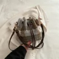 Winter new plaid fuzzy bucket bag for women, stylish single shoulder crossbody casual bag. - With Ornament / Gray
