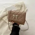 Stylish quilted chain shoulder bag for women, elegant bow messenger bag, casual commuter small square bag - Khaki