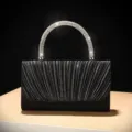 Zwarte geplooide avondtas met sprankelende strass handvat elegante bruiloft feest clutch - Zwart