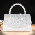 Zilveren glinsterende avondtas met strass gevlochten handvat en ketting voor feest. - Zilver