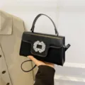 Elegante bolso de mano negro con hebilla de estrás brillante, bolso cruzado de moda para mujer. - Negro
