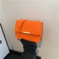 Orange felt crossbody bag for women, stylish candy color small square bag with chain. - Orange