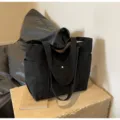 Black canvas tote bag for women, large capacity shoulder bag for student daily commuting and school. - Black without Lining