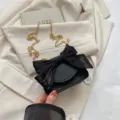 Stylish black crossbody bag featuring a chic organza bow and gold chain strap for women. - Black