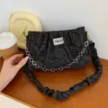 Black pleated shoulder bag trendy chain underarm bag casual cloud handbag for women chic style - Black