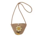 Summer cute cotton woven mini bucket bag with sweet flower pendant and pearl clasp for beach. - Style 1 / Khaki
