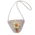 Cute mini woven bucket bag for women, colorful pattern with cute fabric flower, casual beach bag. - Style 2 / Off White