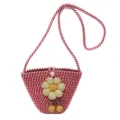 Red and white woven mini bucket bag with a cute fabric flower and pearl button closure. - Style 1 / Red