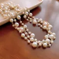 Multi-layer pearl necklace with gold chain and zircon for women, elegant vintage jewelry. - Gold White Oval Style (123#)