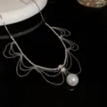 Rhinestone pearl multi-strand tassel clavicle necklace variant, chic luxury jewelry. - Silver Artificial Pearl Style (127#)