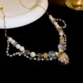 Elegant layered pearl necklace with sparkling crystal beads and a dazzling heart pendant. - Gold Heart Style (128#)