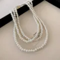 Elegant multi-strand white pearl necklace, classic layered design for women's daily wear. - Gold White Artificial Pearl Style (136#)