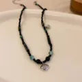 Vintage Beaded Necklace Green Jade Stone Silver Pendant Chic Collarbone Jewelry. - Multicolor Peace Lock Style (104#)