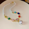 Chic pearl necklace with colorful gemstone pendants and stylish gold-tone chain for women. - Multicolor White Square Necklace (114#)